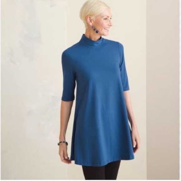 Chico’s Mock Neck Tunic elbow short sleeve deep indigo blue Sz 1 - Picture 1 of 10